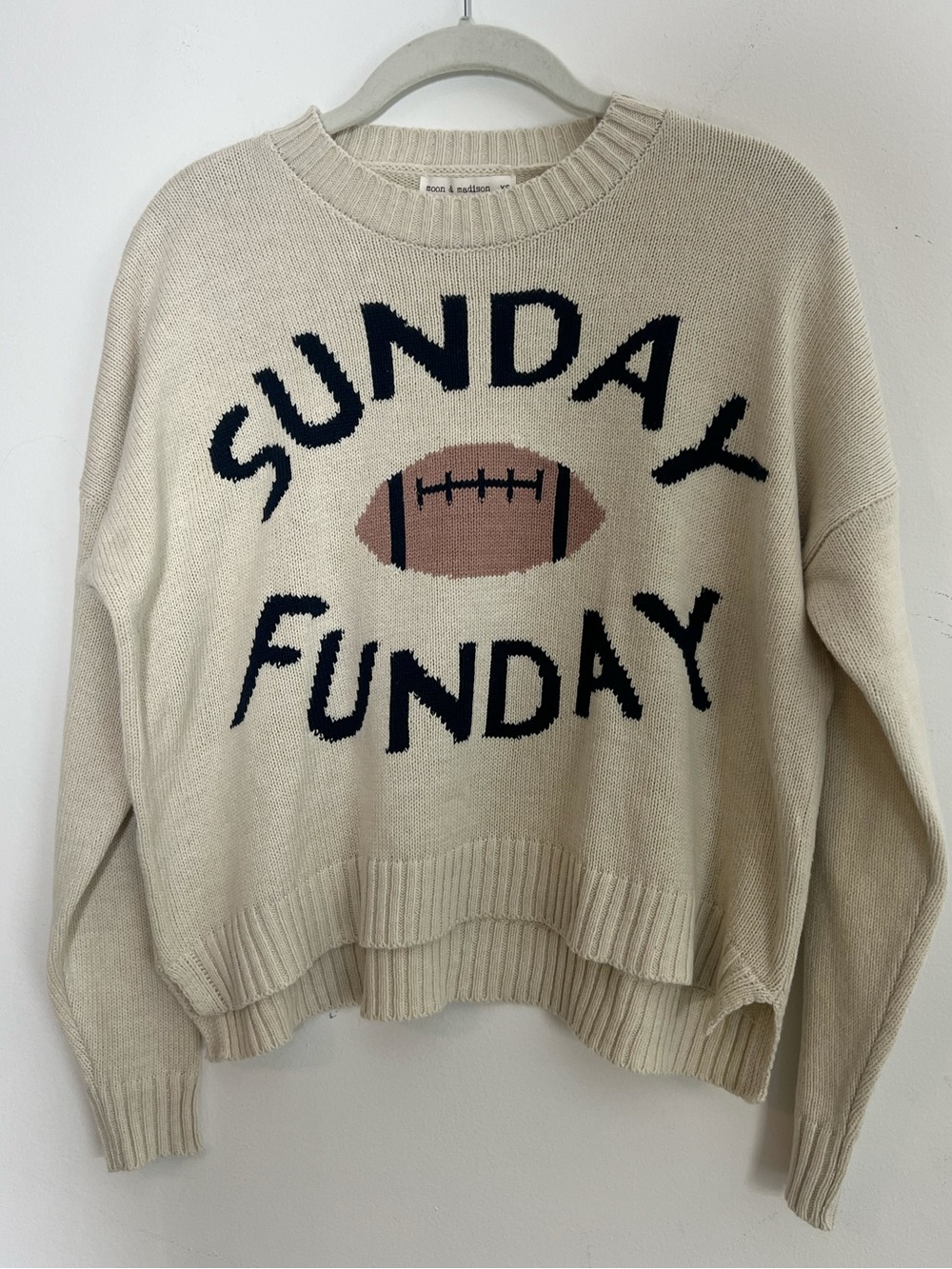 Moon & Madison Sunday Funday Football Cream Cropped Knit Sweater